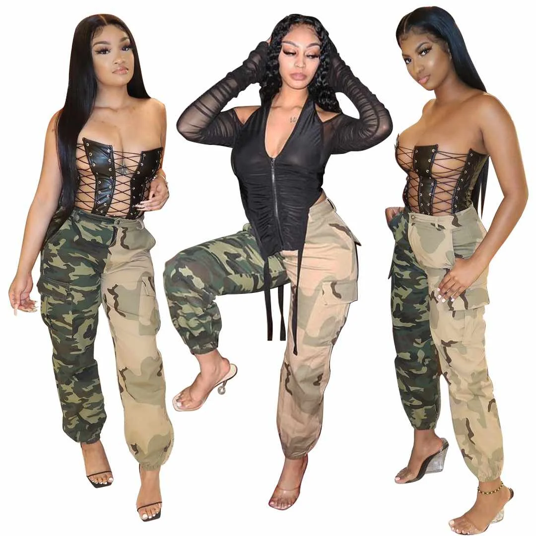 

Hot Clothing Styles For Black Women Sexy Camouflage Pants Casual Patchwork two tone camo pants Bodycon Pants, 1 colors
