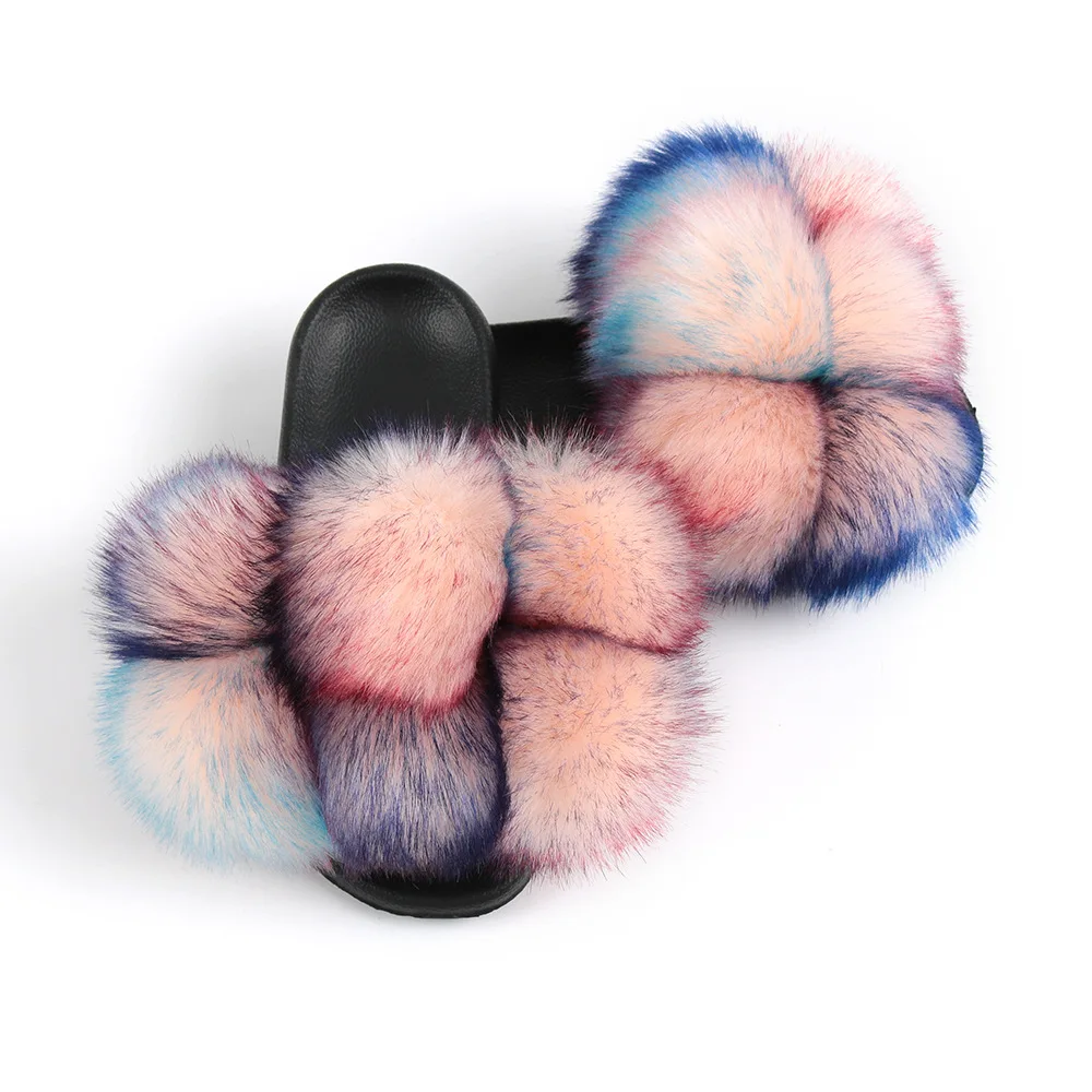 

Mix Color Wholesale Fake Fur Pom Pom Slippers Color Bottom Fur Slides For Women Faux Fur Slippers, Customized color