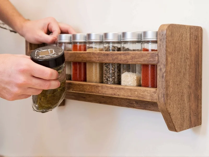 Hand holding spice jars on completed reclaimed wood spice rack