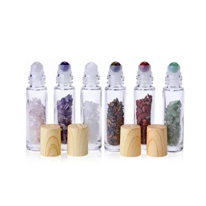 New Style Gemstone Glass roll on perfume Essential Oil Roller Crystal Bottle 10ml Inside for oil with Wooden Cap