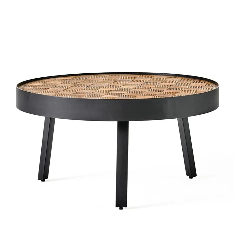

Free Shipping Within The U.S. Modern Industrial Handcrafted Mango Wood Round Coffee Table