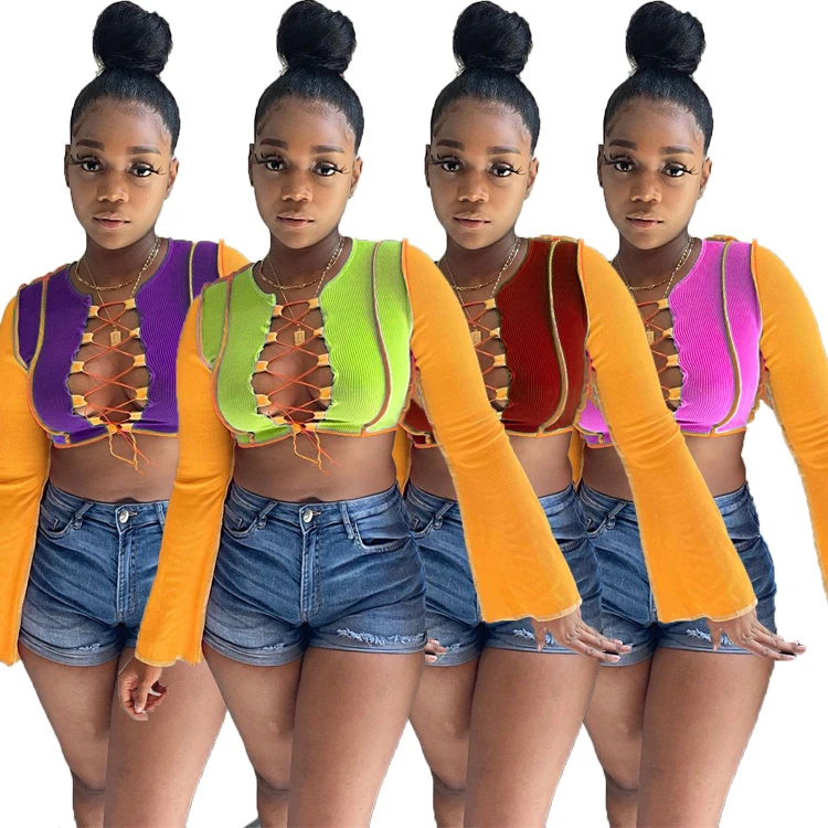 

D96557 Fashion women hollow out patchwork sexy long sleeve top women 2021 new arrivals trending clothing