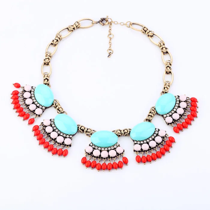 

xl00316 Bohemian Vintage Gold Plated Crystal Rhinestone Red Blue Bohe Statement Necklace