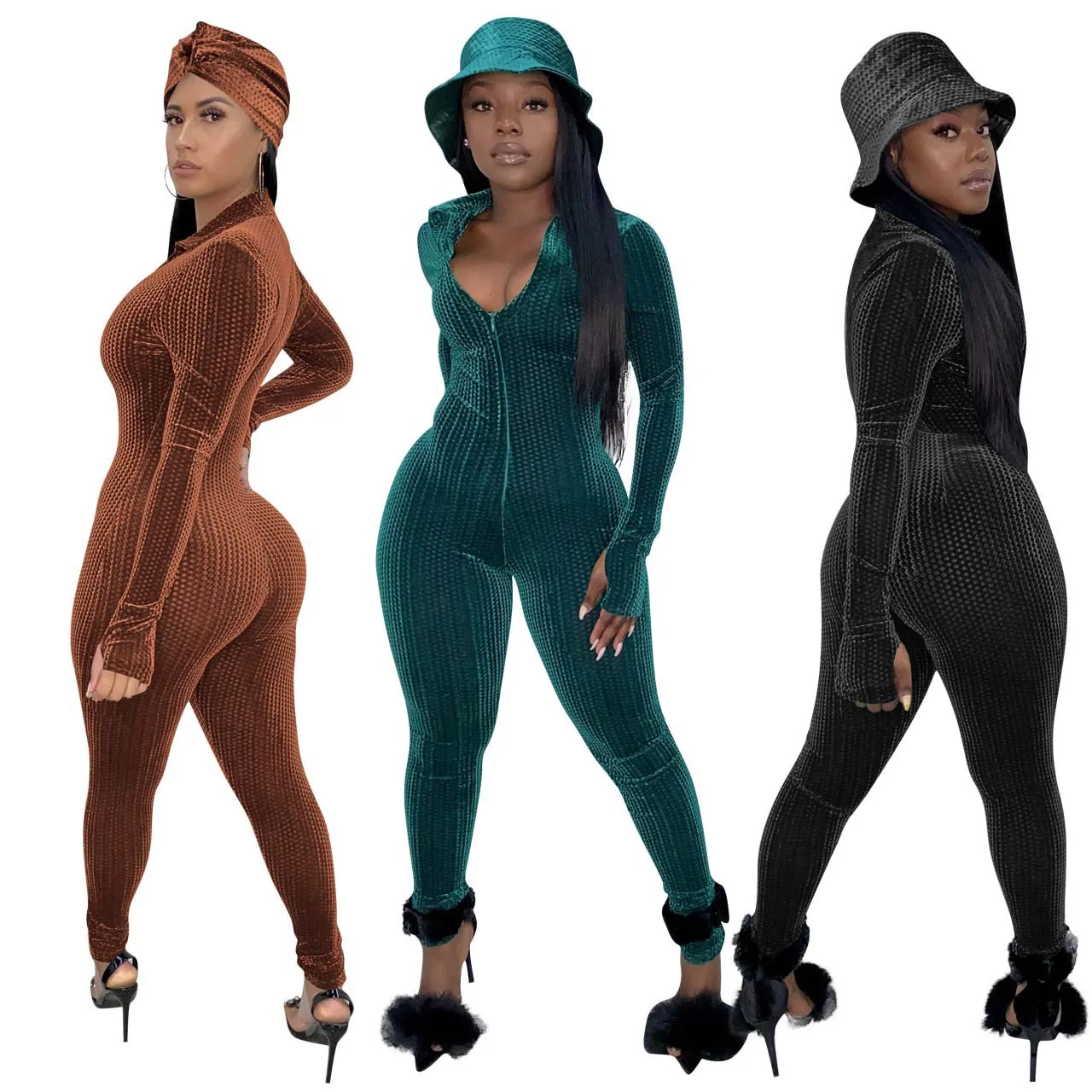 

Brown Women Long Sleeve Notched Deep V-neck Velvet Playsuit Bodycon Sexy Skinny Rompers Street Workout Overall Winter Jumpsuits