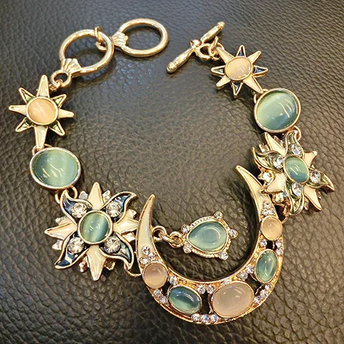 

Bohemian Fashion Star Sun Charm Bracelet W/ OT Clasp Opal Beaded Bangles for Women Boho Diamond Bracelet for Girls, Gold