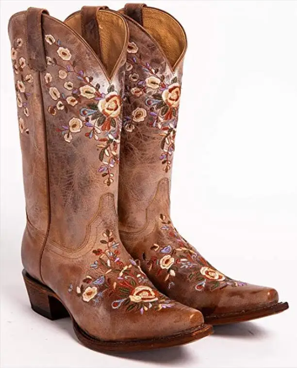 

Womens Western Cowboy Boots Chunky Heel Cowgirl Mid Claf Boot Sunflower Square Toe Embroidery Riding Boots