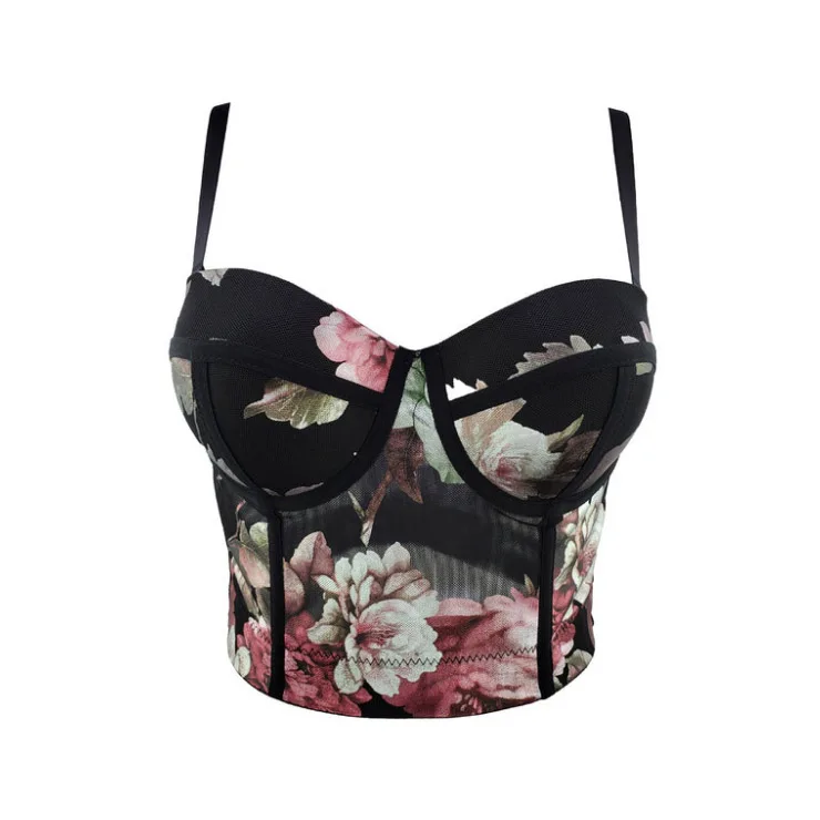 

Floral Printed Female Fashion Modern Spaghetti Straps Tube Mesh Vest Bustier Corset Bra Women Ladies Latest Model Tops Casual