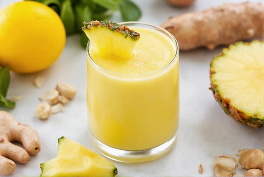 Vibrant ginger pineapple smoothie in glass with fresh ingredients surrounding