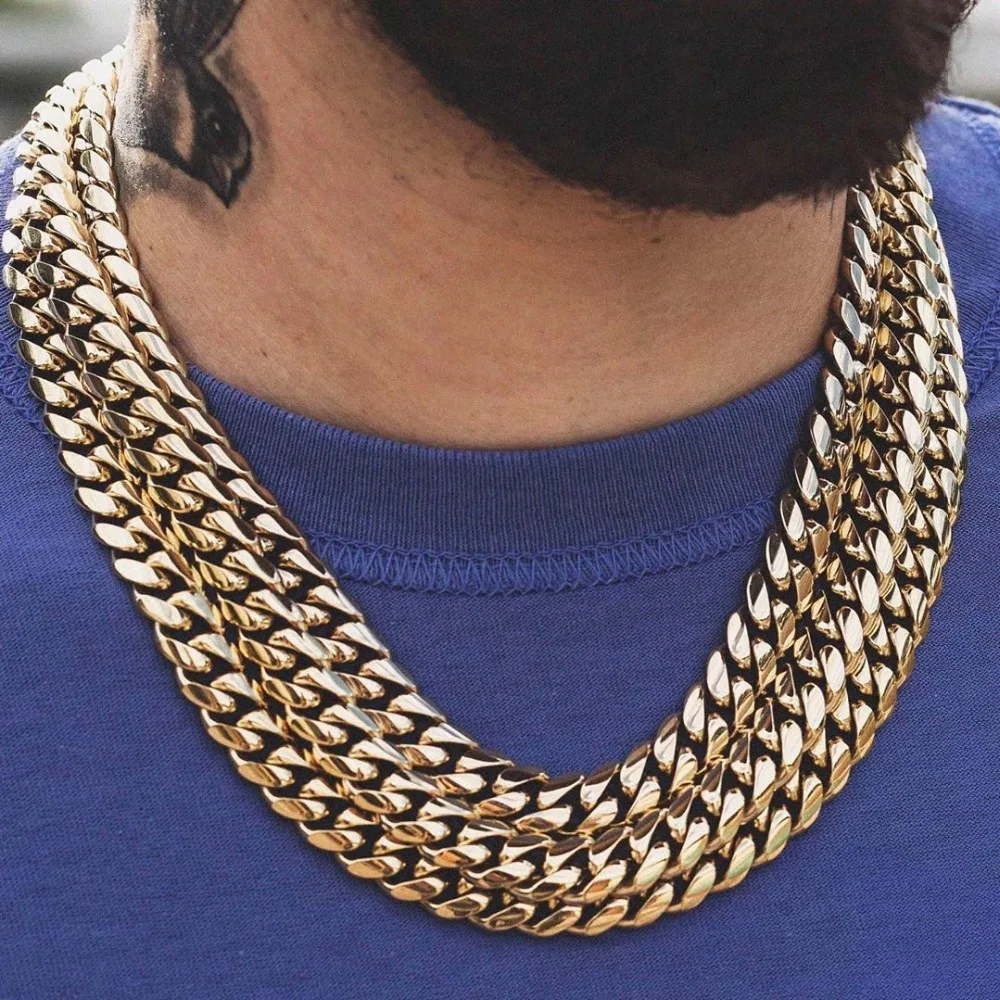 

Wholesale 18k Gold Filled Men Titanium collares cubanos Hip Hop Stainless Steel Chain Miami Cuban Chain Necklace for Men Women, Gold silver