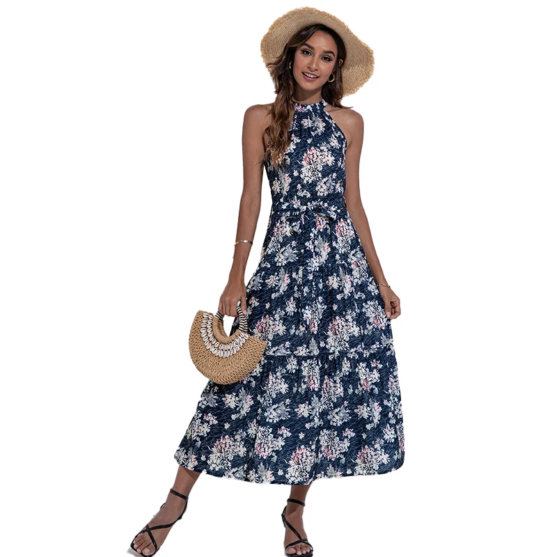 

New Women Summer Floral Print Vestidos Halter Belt Holiday Beach Midi Dresses