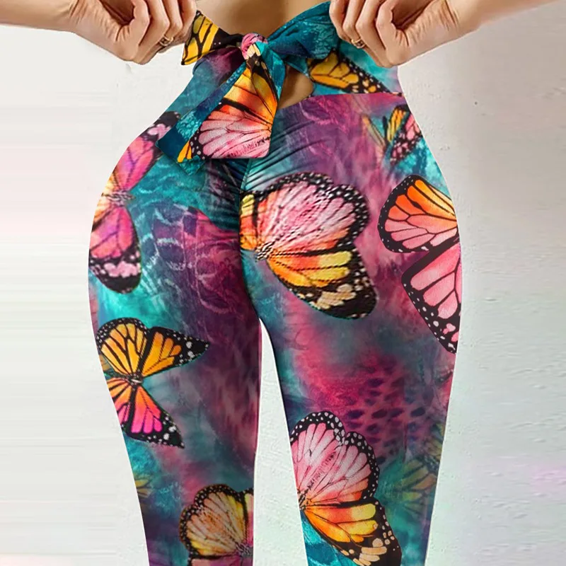 

2021 new Fitness high elasticity sweat-absorbent digital printing bowknot pants leggings high waist slim yoga pants women