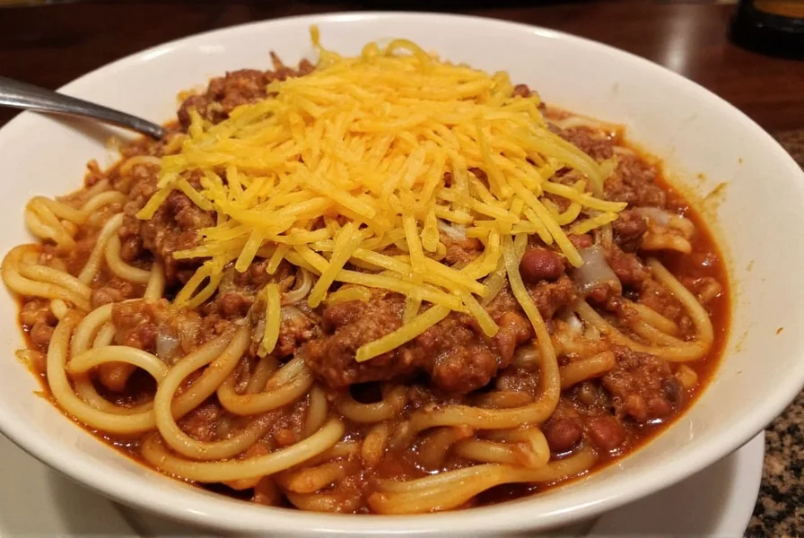 Authentic Cincinnati chili served over spaghetti with cheese, onions, and beans - traditional 5-way