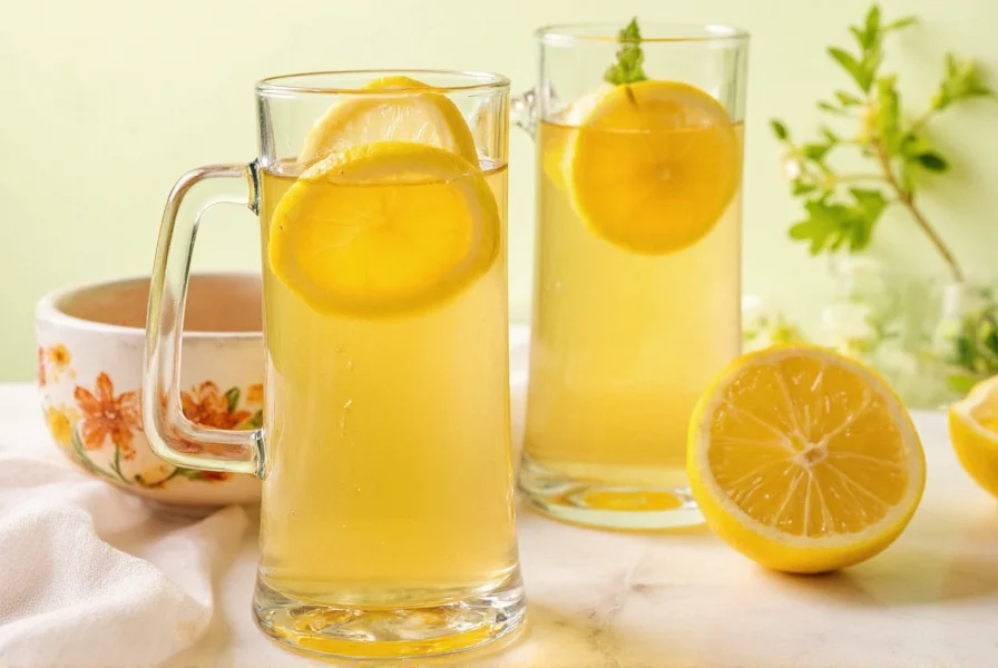 Fresh ginger slices and lemon wedges steeping in clear teapot showing natural preparation of ginger tea with lemon