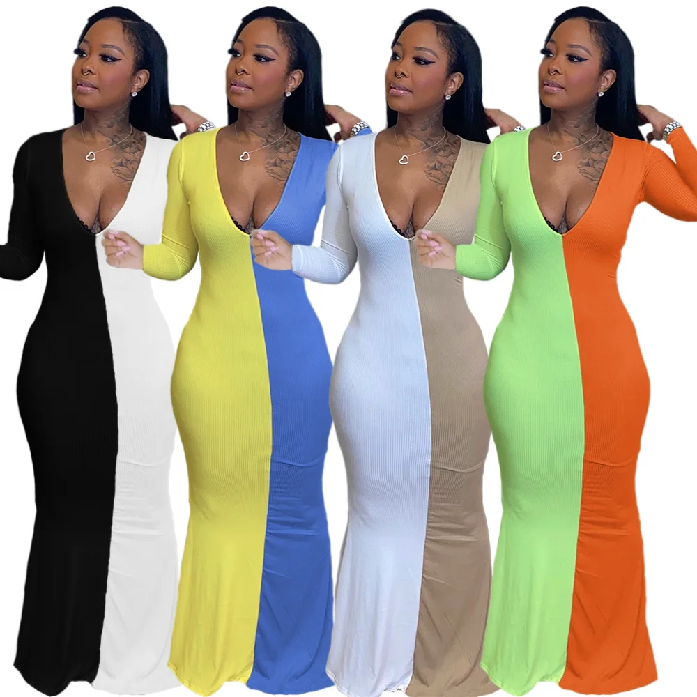

H032 Hot style big yards dress pure color stitching elastic long-sleeved v-neck fashion sexy dress skirt