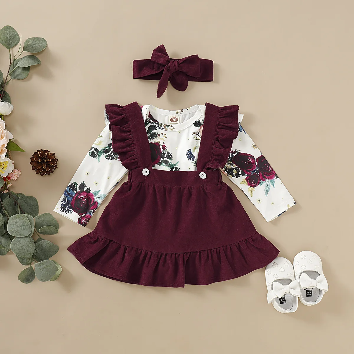 

Wholesale Price Floral Printed Long Sleeve Cotton Comfortable Shirt Burgundy Suspenders Dress 2pcs Baby Girl Clothes Set