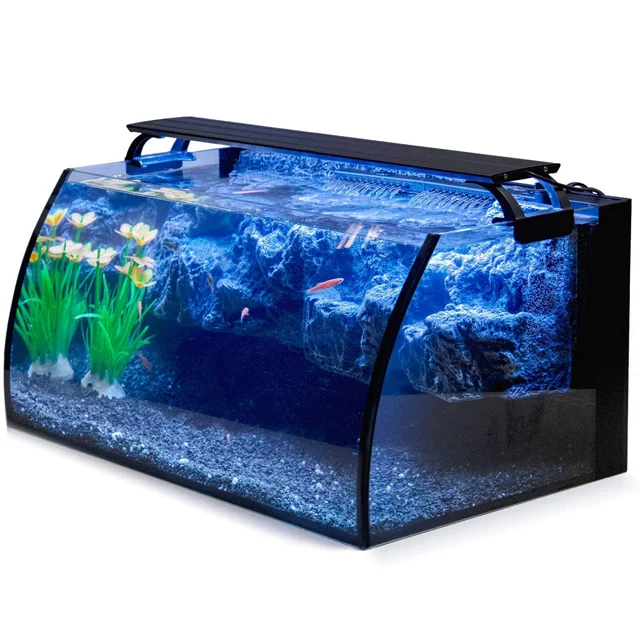 

Aquarium Tank Kit Horizon 8 Gallon LED with 7W Power Filter Pump 18W Colored led Light Wide View Curved Shape Fish Tank, Transparent