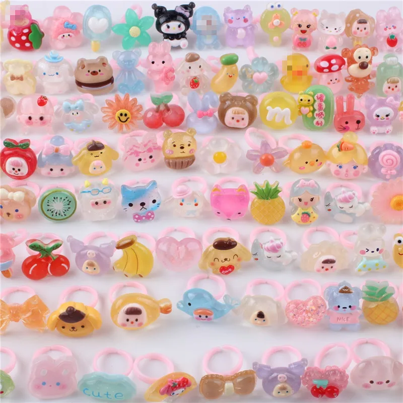 

PUSHI mixed bulk Sweet flower handwork resin rings wholesale rings for kids girls cute Cheap price children rings jewelry