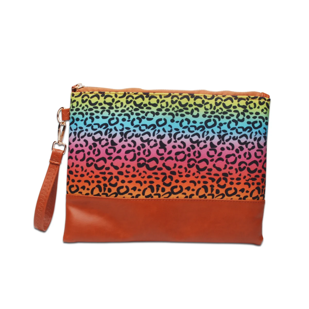 

Wholesale Rainbow Leopard Wristlet Clutch DOM113388 Canvas Leopard And PU Bottom Cosmetic Bag for Women Girl Female