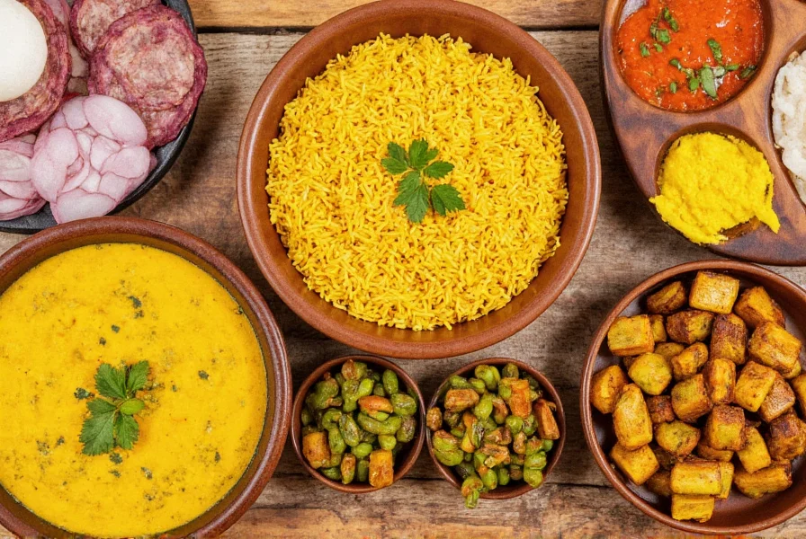 Colorful arrangement of turmeric-infused dishes including golden rice, roasted vegetables, and a vibrant curry