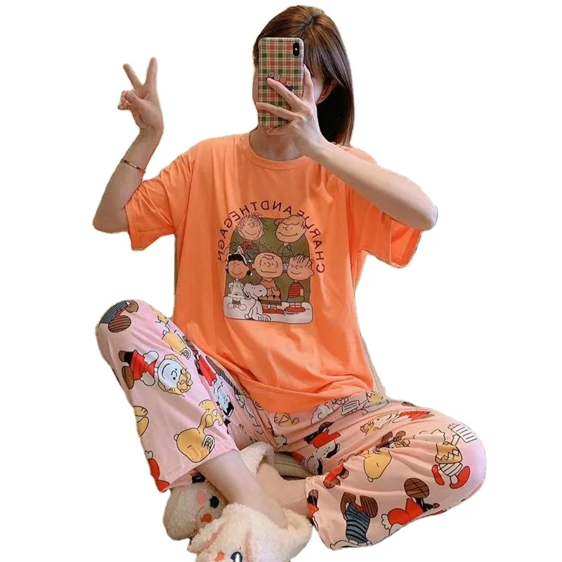 

Fashion Milk Silk Pajamas for Women Short Sleeve Printing Nightwear