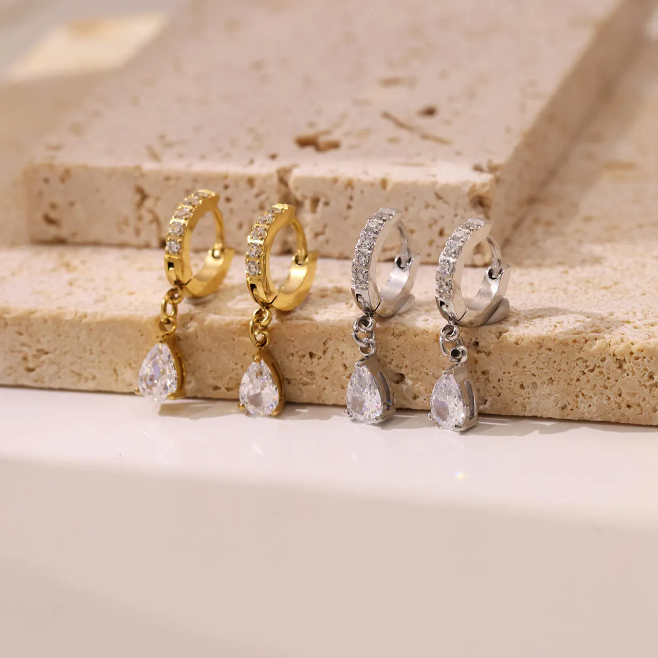 

Unique Stainless Steel Pendant Earrings Dangling Gold Plated CZ Mirco Pave Charms Zircon Hoop Earrings For Women Jewelry Gift