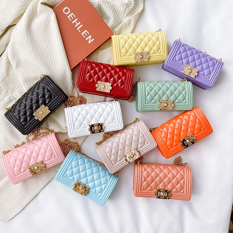 

Kids jelly purse and handbags 2021 new arrival small crossbody wallet fashion gold chains kids cute solid colour mini jelly bags, Rich