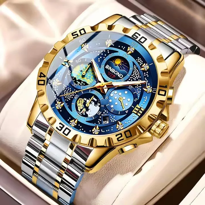 BINBOND 3225 New Men's Watches Classic Fashion  Quartz Watch for Man Waterproof Luminous Starry Night Glow Dial
