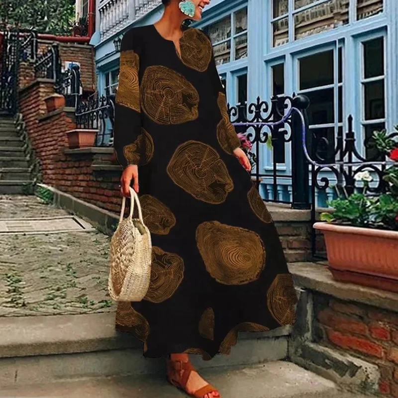 

muslim dress Arab long sleeve leisure clothing printed cotton linen loose maxi dress plus size female clothing, White/black/yellow/red
