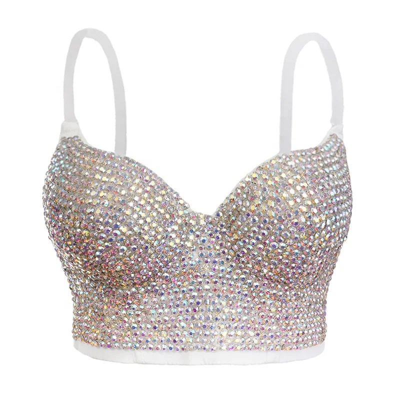 

Women's Handmade Rhinestone Diamond Push up Bustier Crop Top Sexy Punk Corset top, As pic