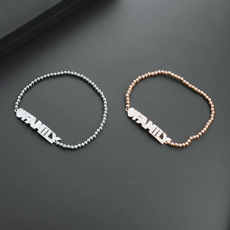 

Fashionable Design 316L Stainless Steel Real Gold Plating CZ Letter FAMILY Bracelet Crystal Initial Beads Elastic Bracelet