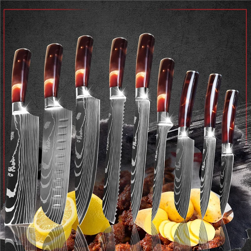 

Damascus pattern 7Cr17mov High Carbon Steel fruit carving fish fillet cutter Kitchen tools cheap wholesale multi chef knife set, Silver