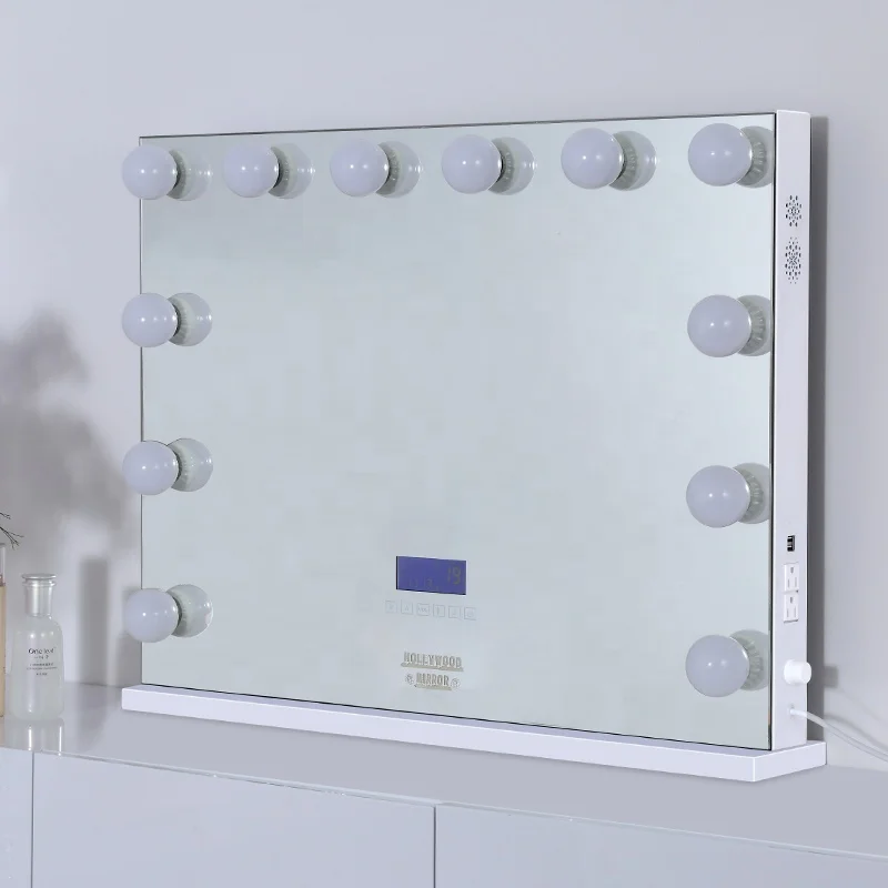 

Customize 120*80 cm Big Size Hollywood Mirror With Wireless speaker fantastic Furniture Free standing, White