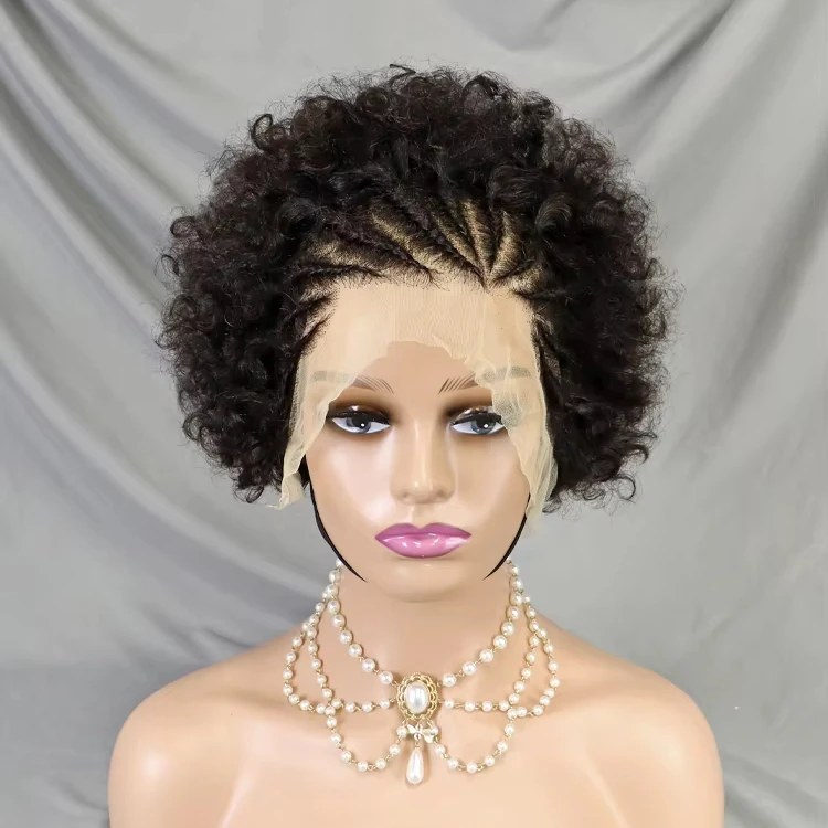 Wholesale Natural Human Hair Afro Kinky Pixie Wig Braided 13x4 Lace Frontal Afro Hair Wig Factory Price