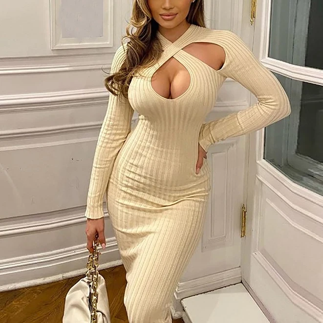 

FS1956D Sexy knitted long sleeve hollow out dress women Fashion bodycon dresses