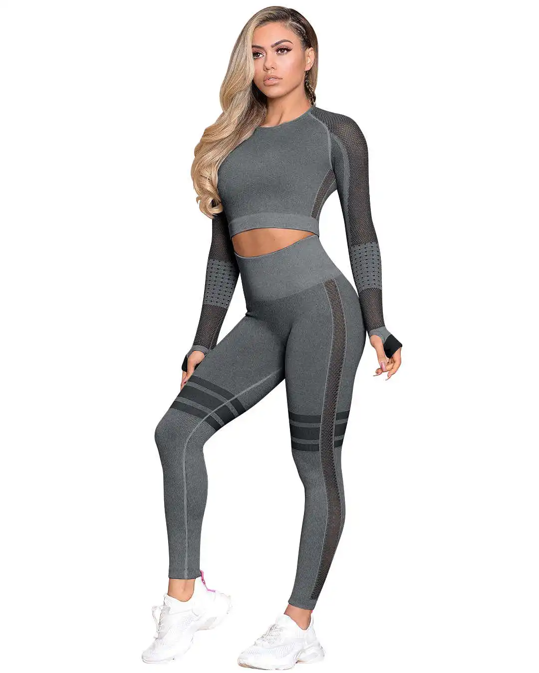 

Seamless leggings set mesh breathable long sleeve yoga set butt leggings BK275