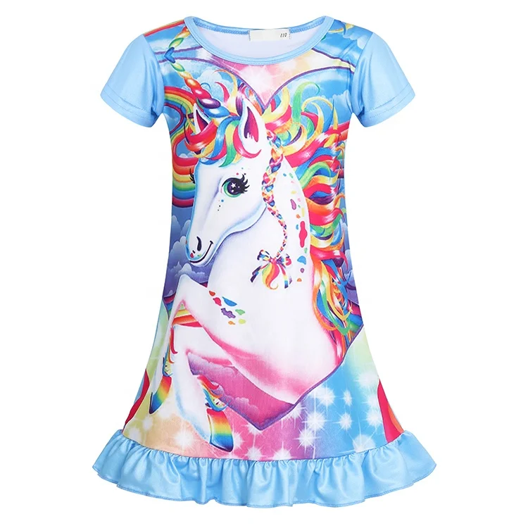 

Summer unicorn pajamas for girls new cartoon short-sleeved skirt kids mid-length home clothing