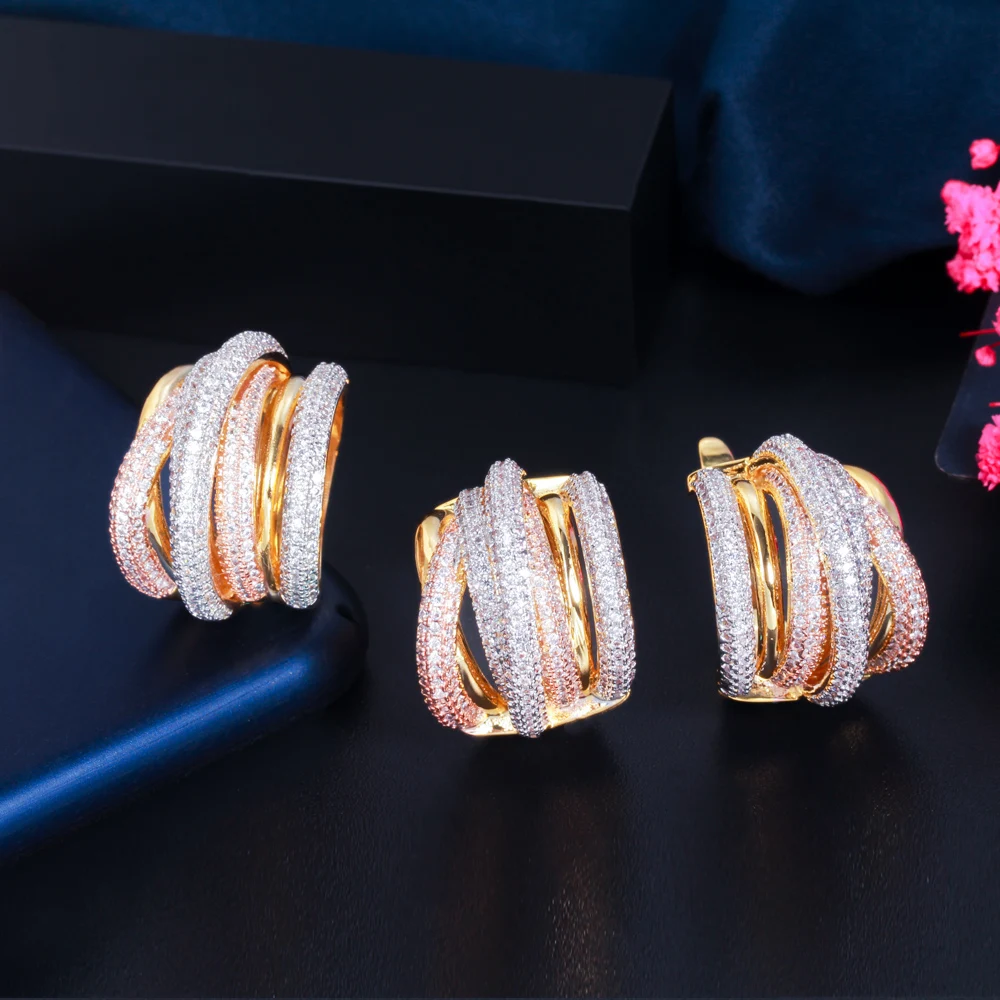 Gold Plated Shiny 3 Tone Color Cubic Zirconia Round Circle Twisted Jewelry Sets Ring and Hoop Earrings for Women Wedding