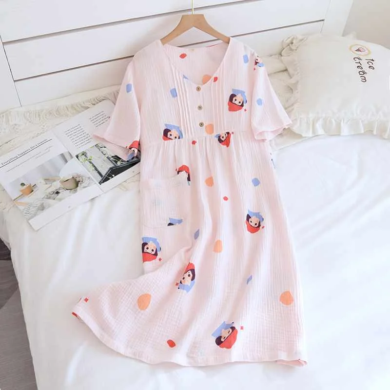 

Japanese 2021 new style ladies summer short-sleeved 100% cotton crepe cloth home service pink one-piece nightdress sweet skirt, Picture shows