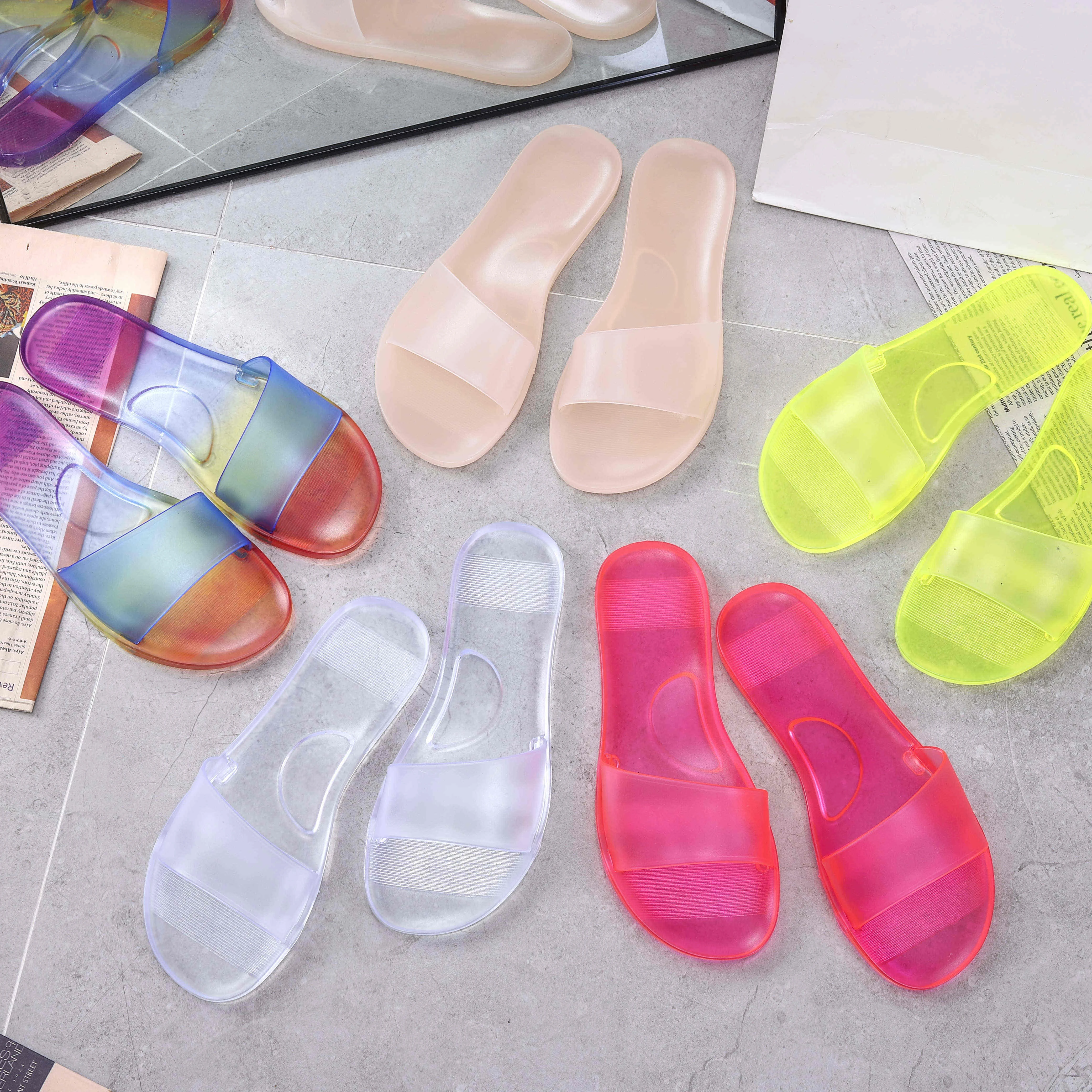 

E-commerce hot sale Factory summer women transparent casual crystal Jelly slippers slides sandals shoes for women, Yellow/red/apricot/transparent/rainbow