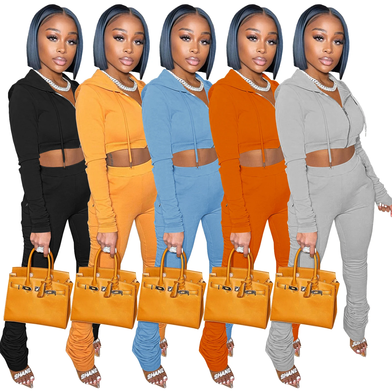 

GHR8199 2021 Fall Winter Outfits Women Fleece 2 Piece Set Fashion Ladies Stacked Pants And Crop Top Set Sexy