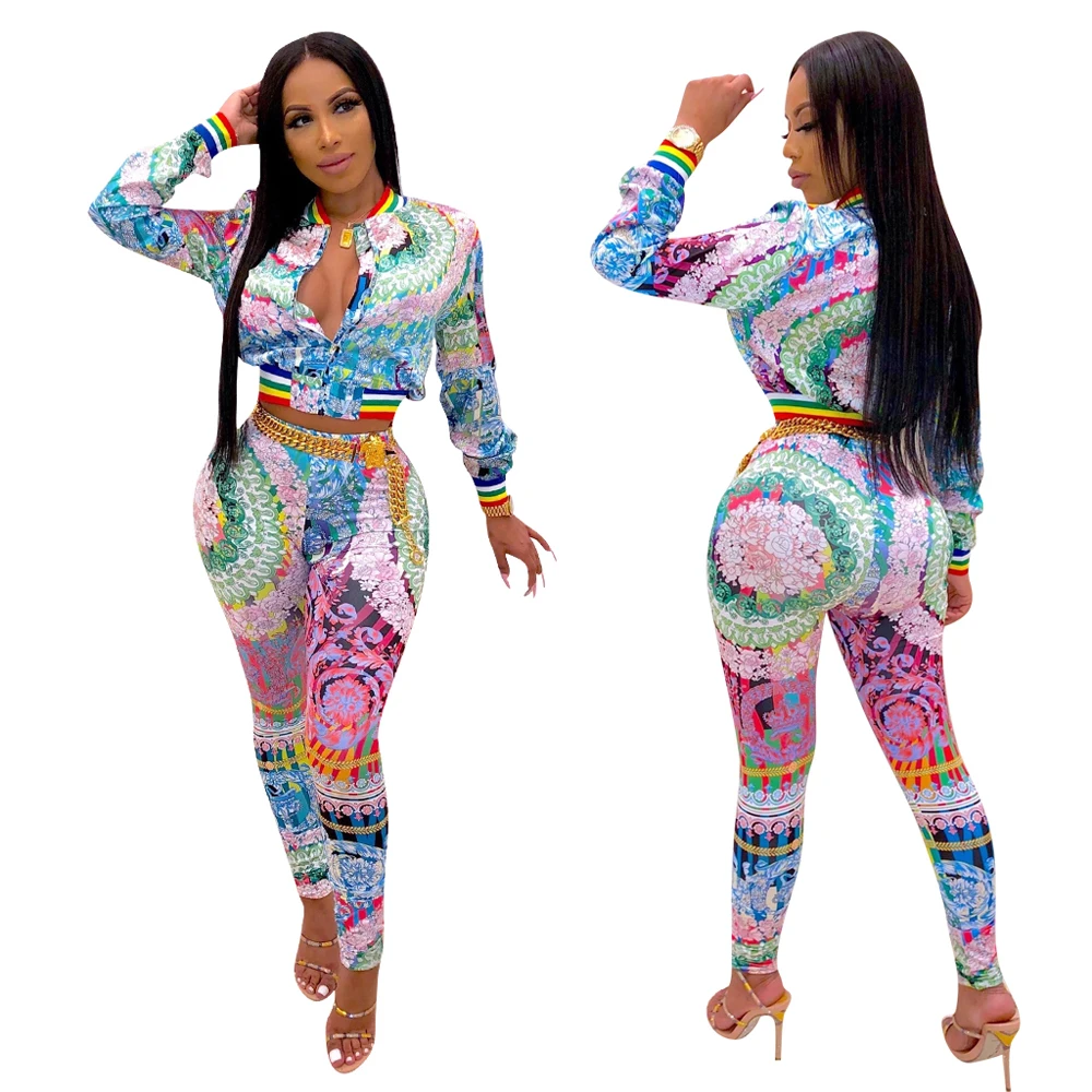 Autumn fashion design women boho long sleeve zip up jacket and long pencil pant two piece set