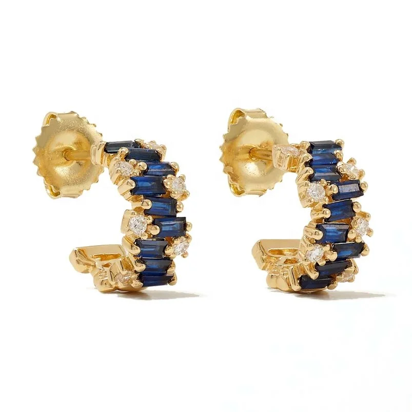 

Gemnel boho retro design glistening baguette-cut sapphires blue zircons small hoop earring