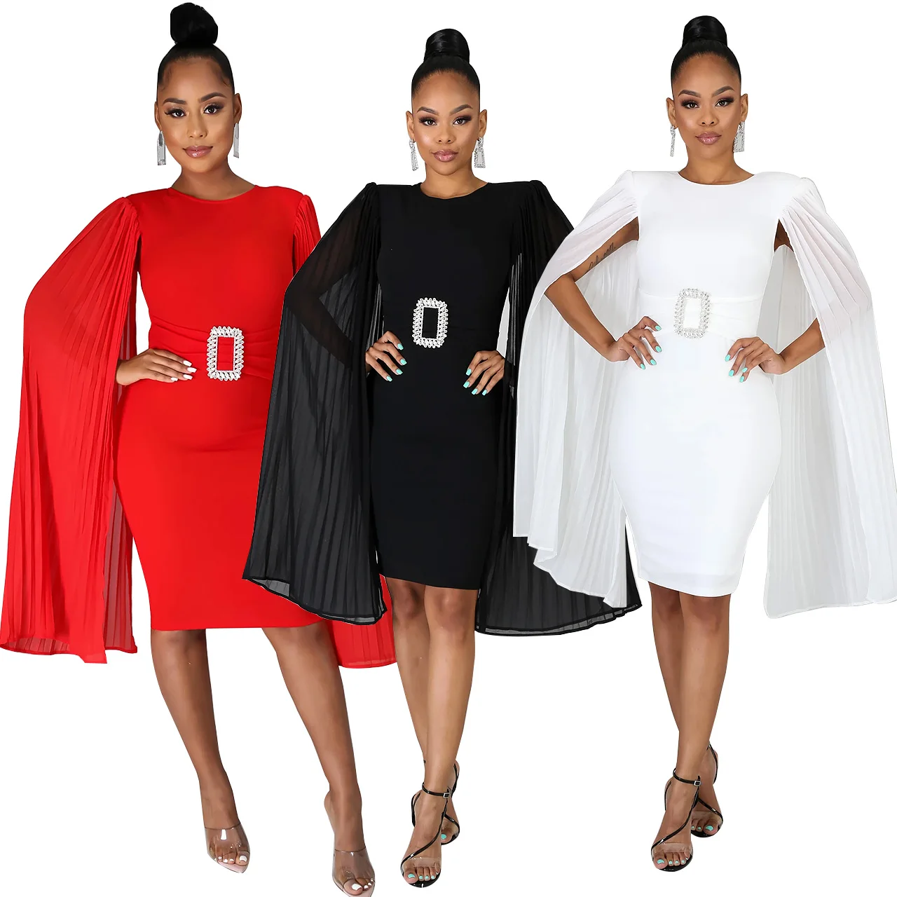 

2021 career Women Clothing O Neck Pleated Shawl Cape Long Sleeve A Line Dress Career Dresses, Black,red,white