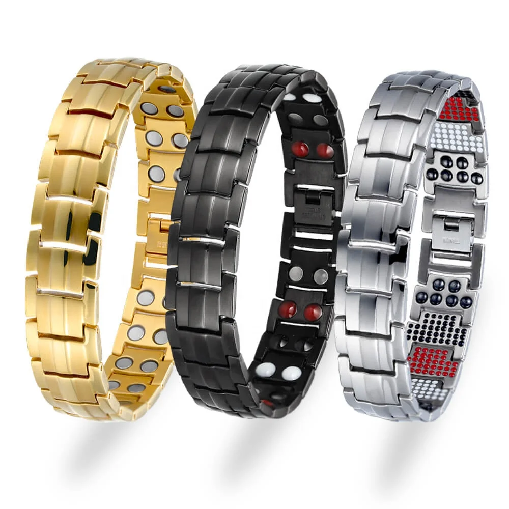 

Luxury Gold Plated Bracelet Homme Wholesale Germanium Magnetic Ion Energy Pure Titanium Jewelry Men Bracelets, Black and silver