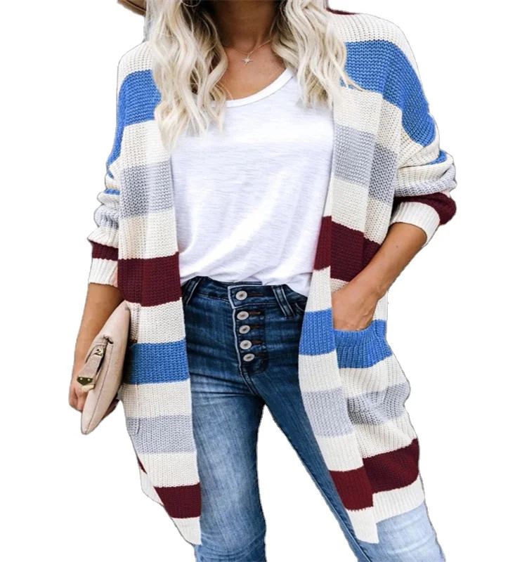 

new women's clothing wholesale stripes contrast color knee length autumn winter casual sweater Cardigan knitwear