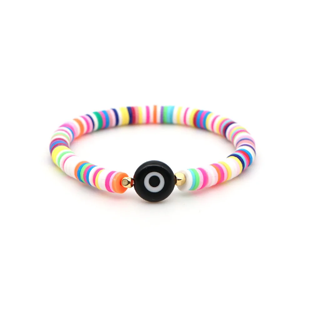 

2021 Hot Sale INS Style Friendship Bracelet Handcraft Polymer Clay Disc Bracelet with Eye Charm, Multi-colors