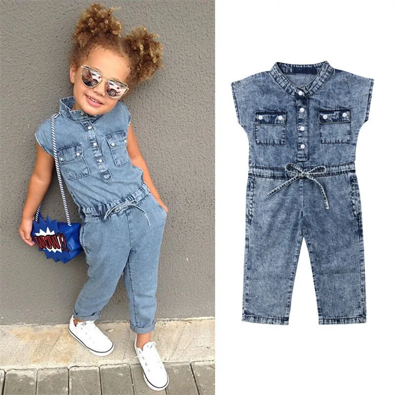 1-6 Years Kids Girl Baby Clothes Casual Jeans Soft Blue Denim Pants Kids Girl Sleeveless Solid Jumpsuit Overalls