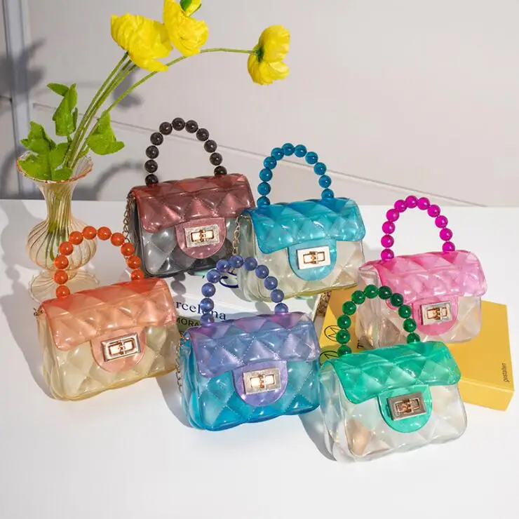 

2021 Kids Mini Bags Women Handbags Ladies Pearl Chain Purses And Handbags For Women Transparent Jelly Bag Little Girl, 6 color