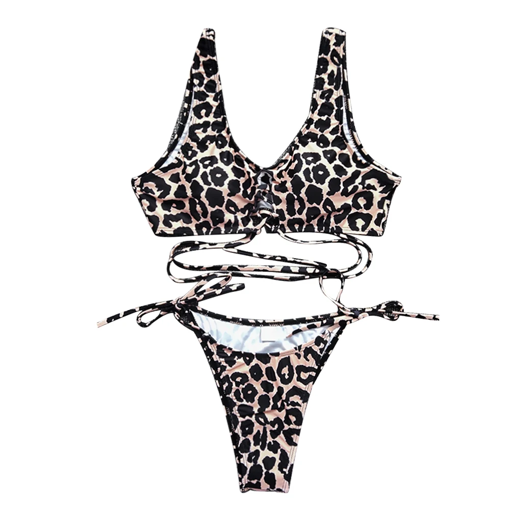 

2020 leopard swimwear new sexy strappy leopard print wide shoulder strap hollow micro thong bikini