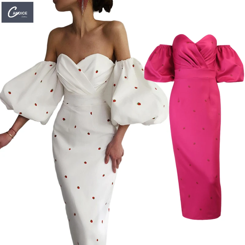 

Candice Printed high waist sexy party midi satin vintage women strawberry lantern sleeve off the shoulder dress